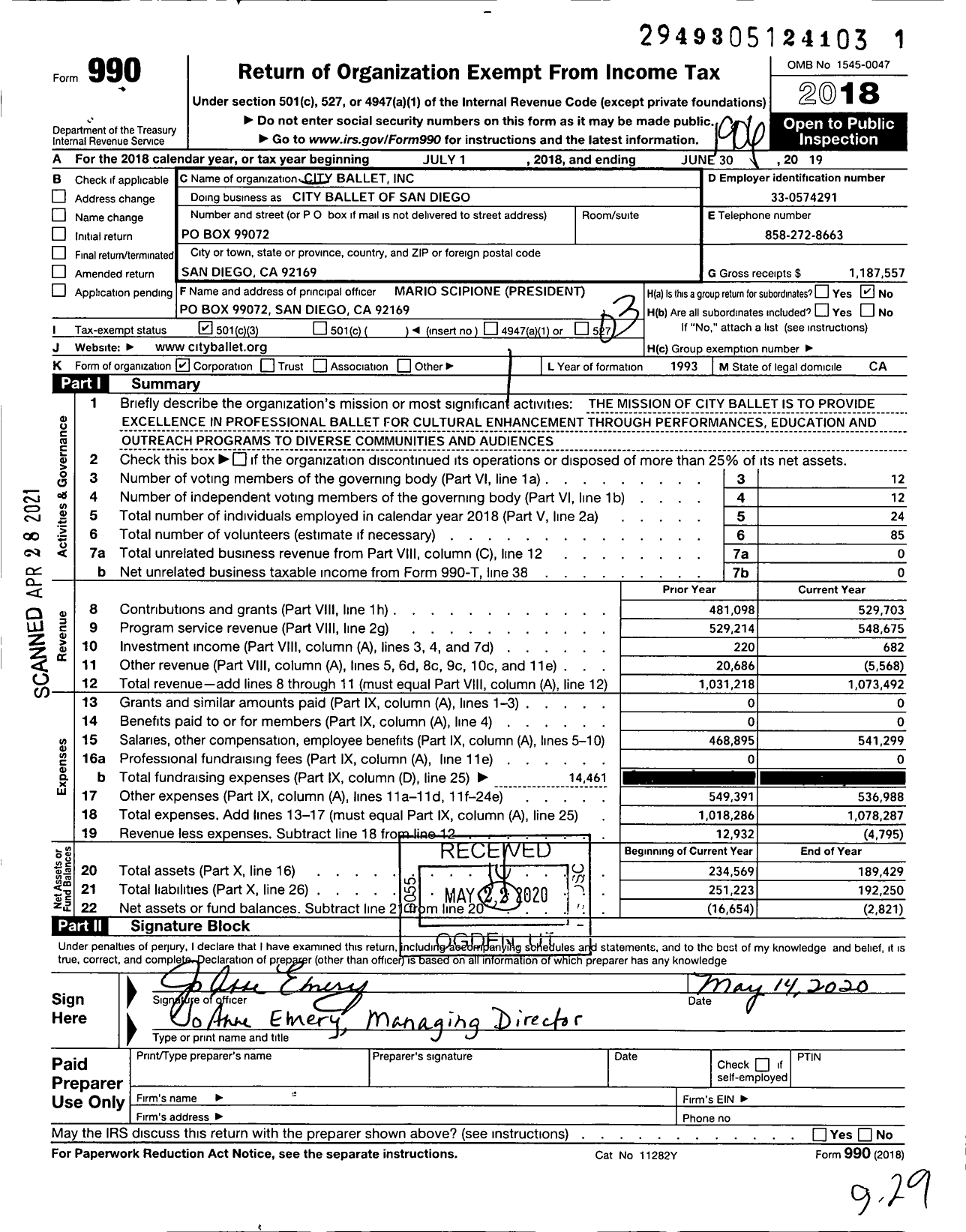 Image of first page of 2018 Form 990 for City Ballet of San Diego