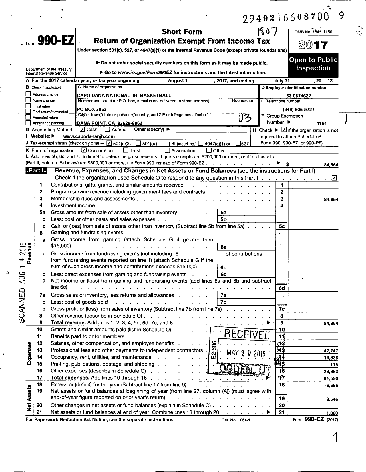 Image of first page of 2017 Form 990EZ for Capo Dana NJB