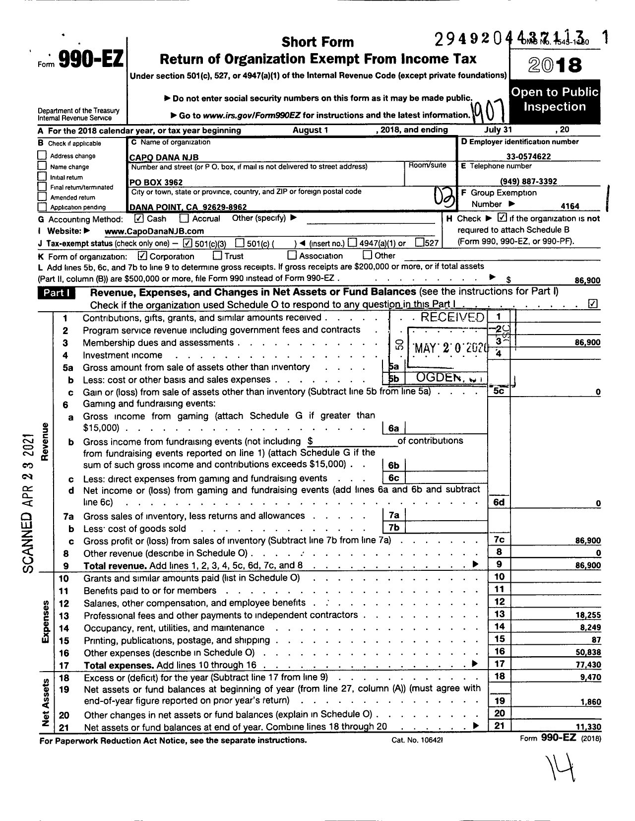 Image of first page of 2018 Form 990EZ for Capo Dana NJB