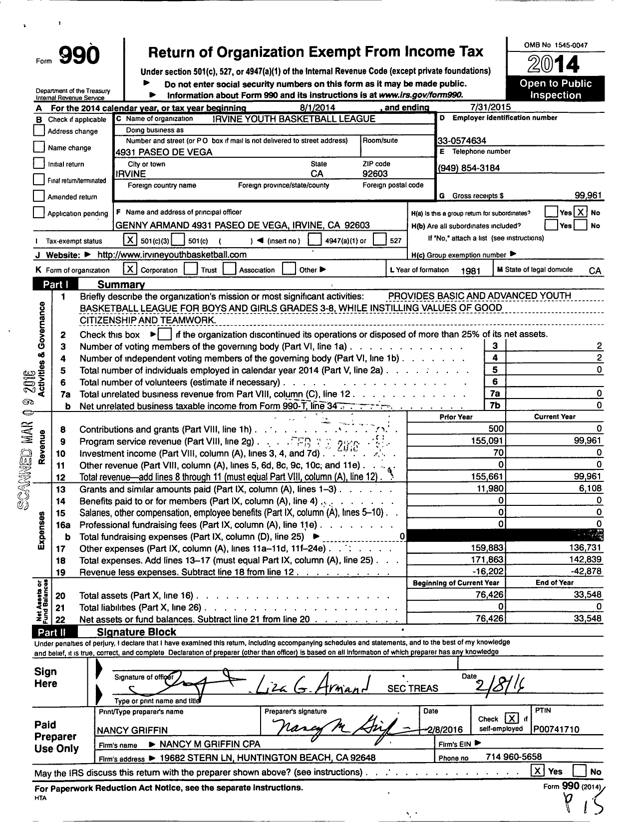 Image of first page of 2014 Form 990 for Irvine Youth Basketball League