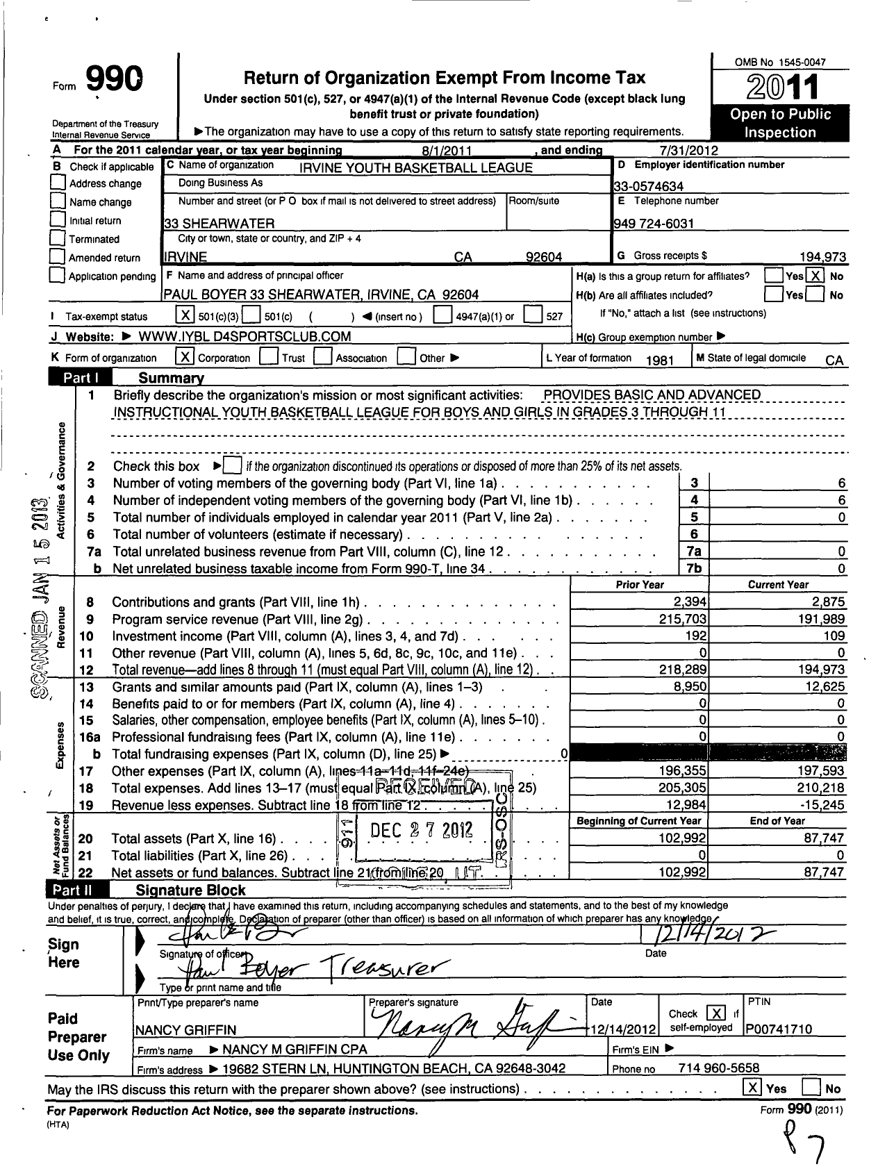 Image of first page of 2011 Form 990 for Irvine Youth Basketball League