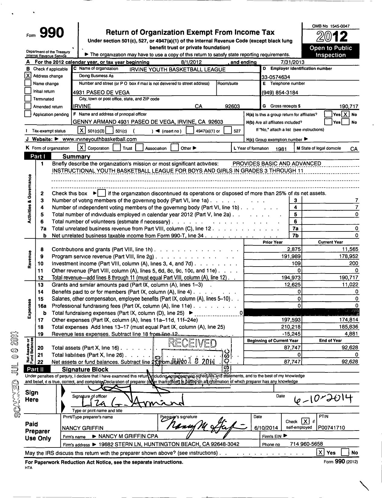 Image of first page of 2012 Form 990 for Irvine Youth Basketball League