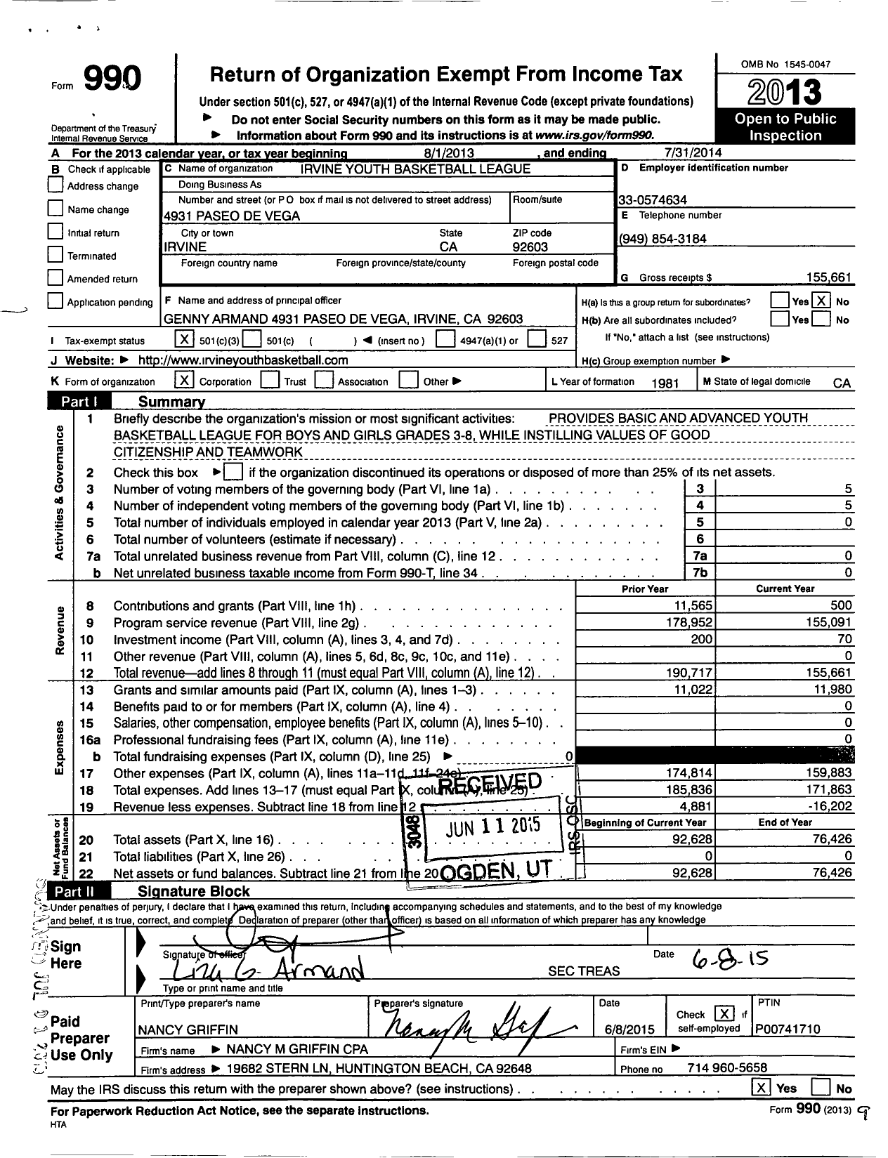 Image of first page of 2013 Form 990 for Irvine Youth Basketball League