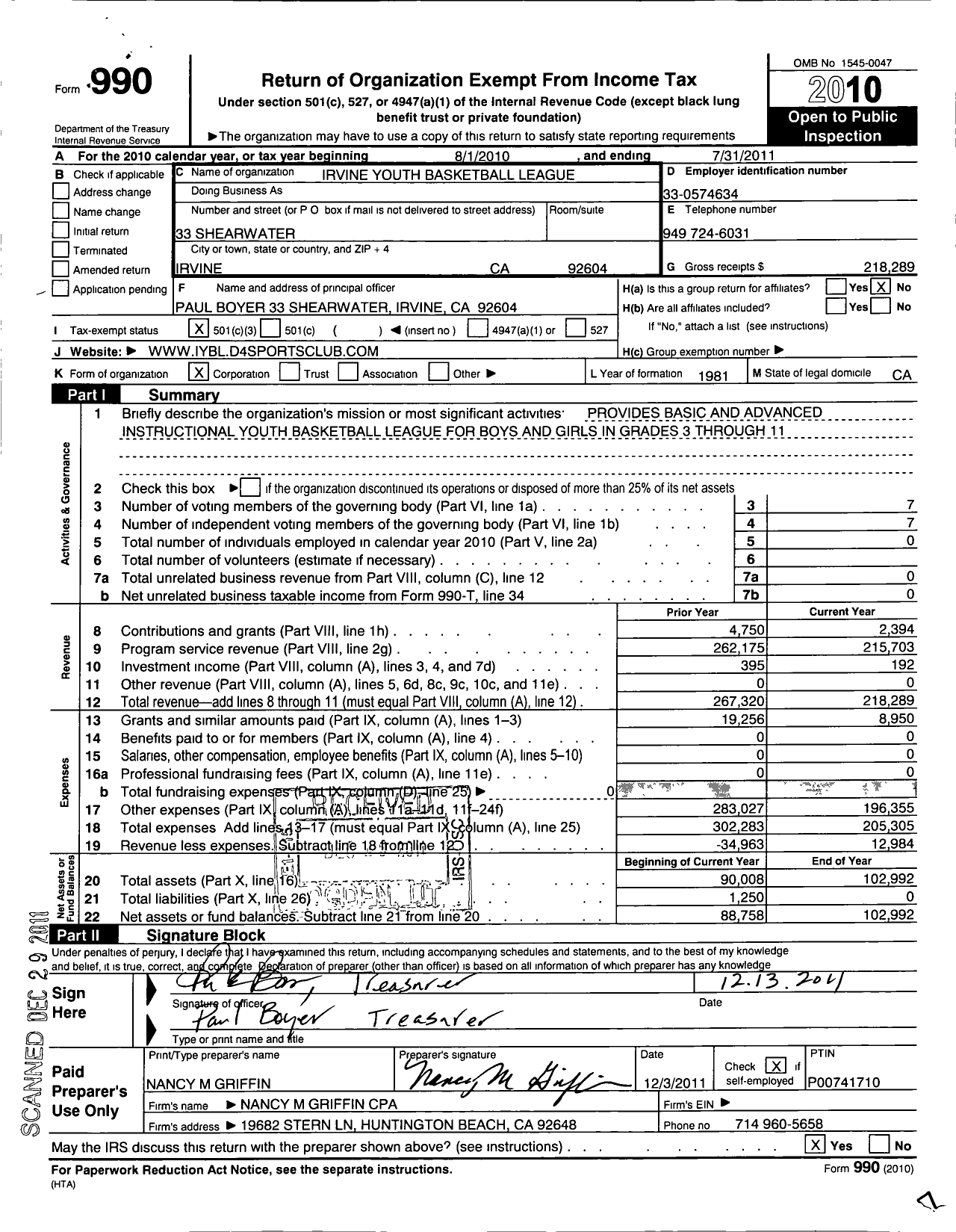 Image of first page of 2010 Form 990 for Irvine Youth Basketball League