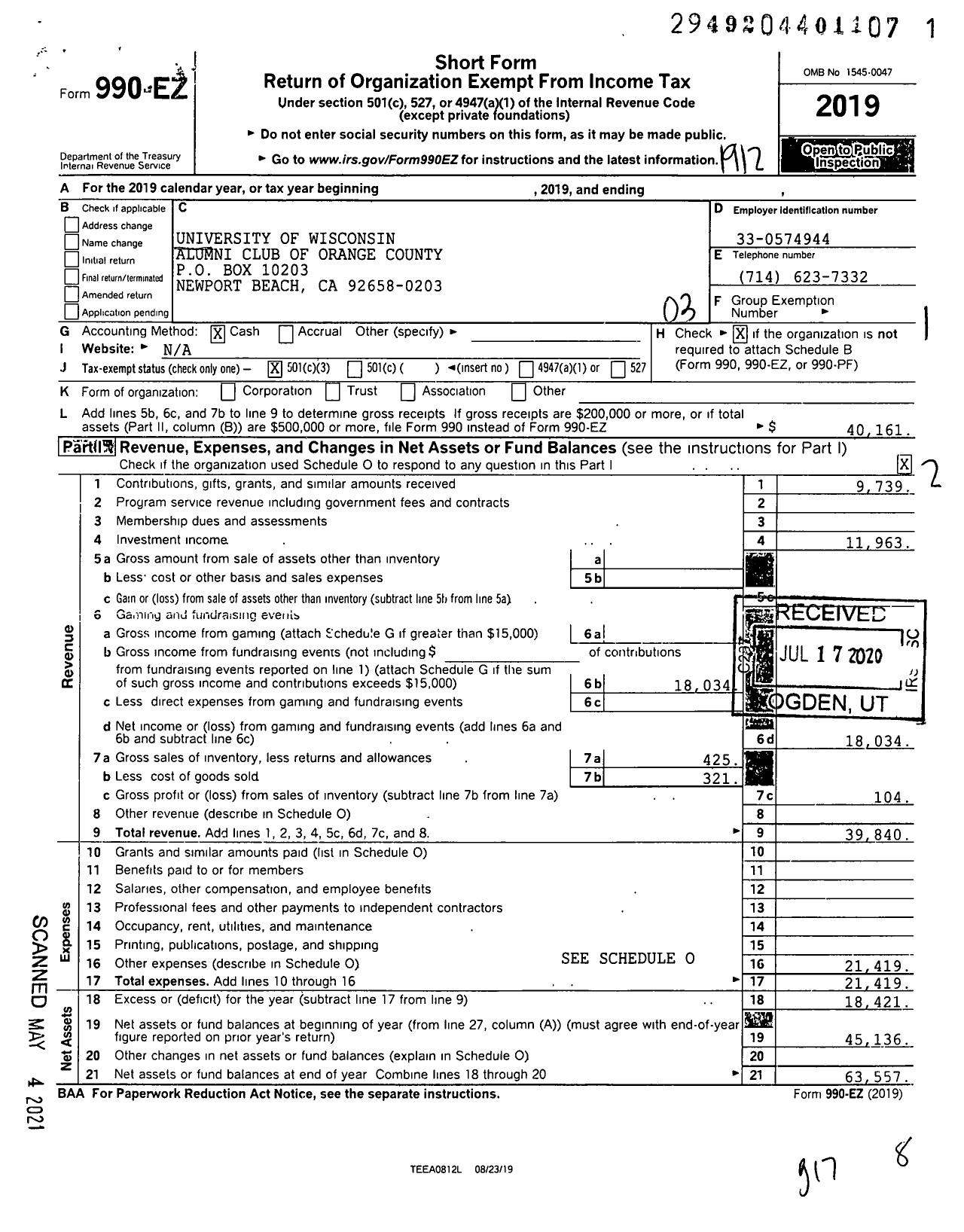 Image of first page of 2019 Form 990EZ for University of Wisconsin Alumni Club of Orange County