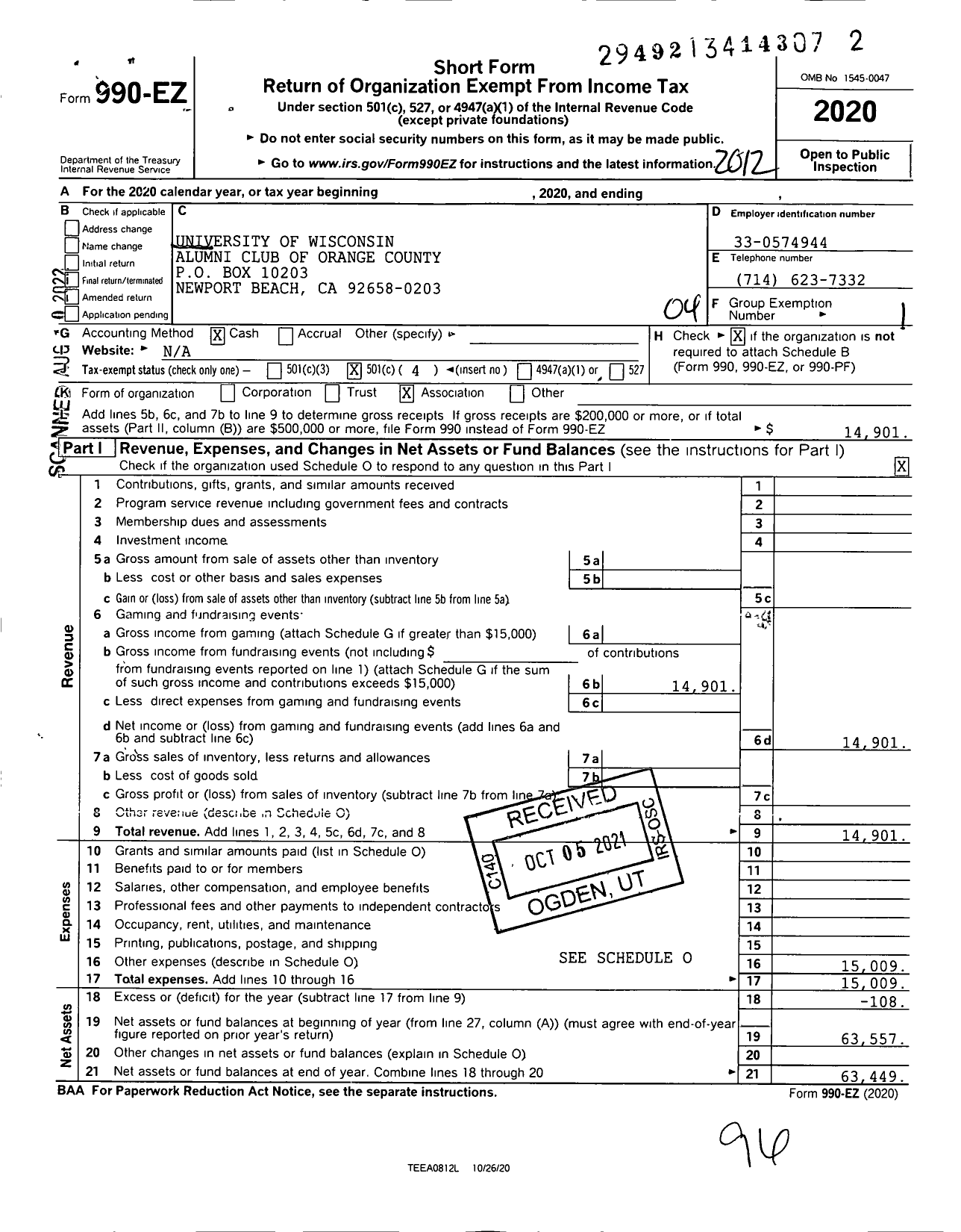 Image of first page of 2020 Form 990EO for University of Wisconsin Alumni Club of Orange County