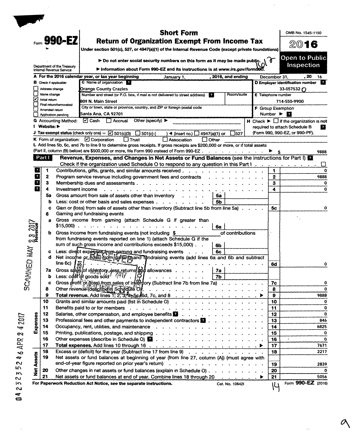 Image of first page of 2016 Form 990EZ for Orange County Crazies