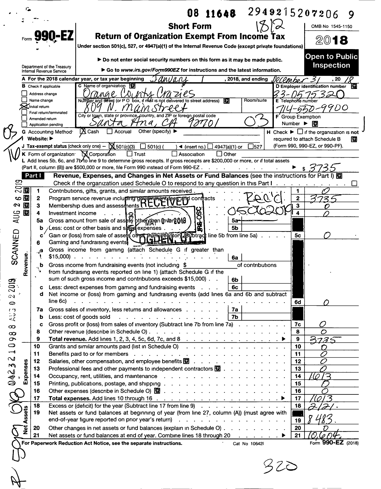 Image of first page of 2018 Form 990EZ for Orange County Crazies