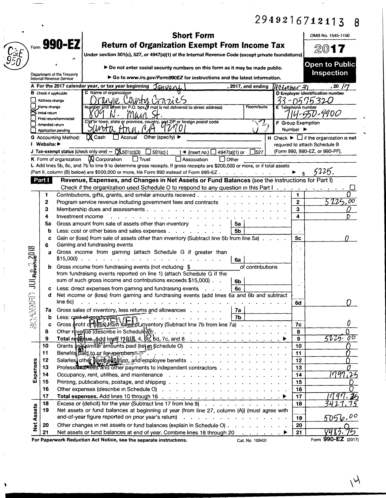 Image of first page of 2017 Form 990EZ for Orange County Crazies