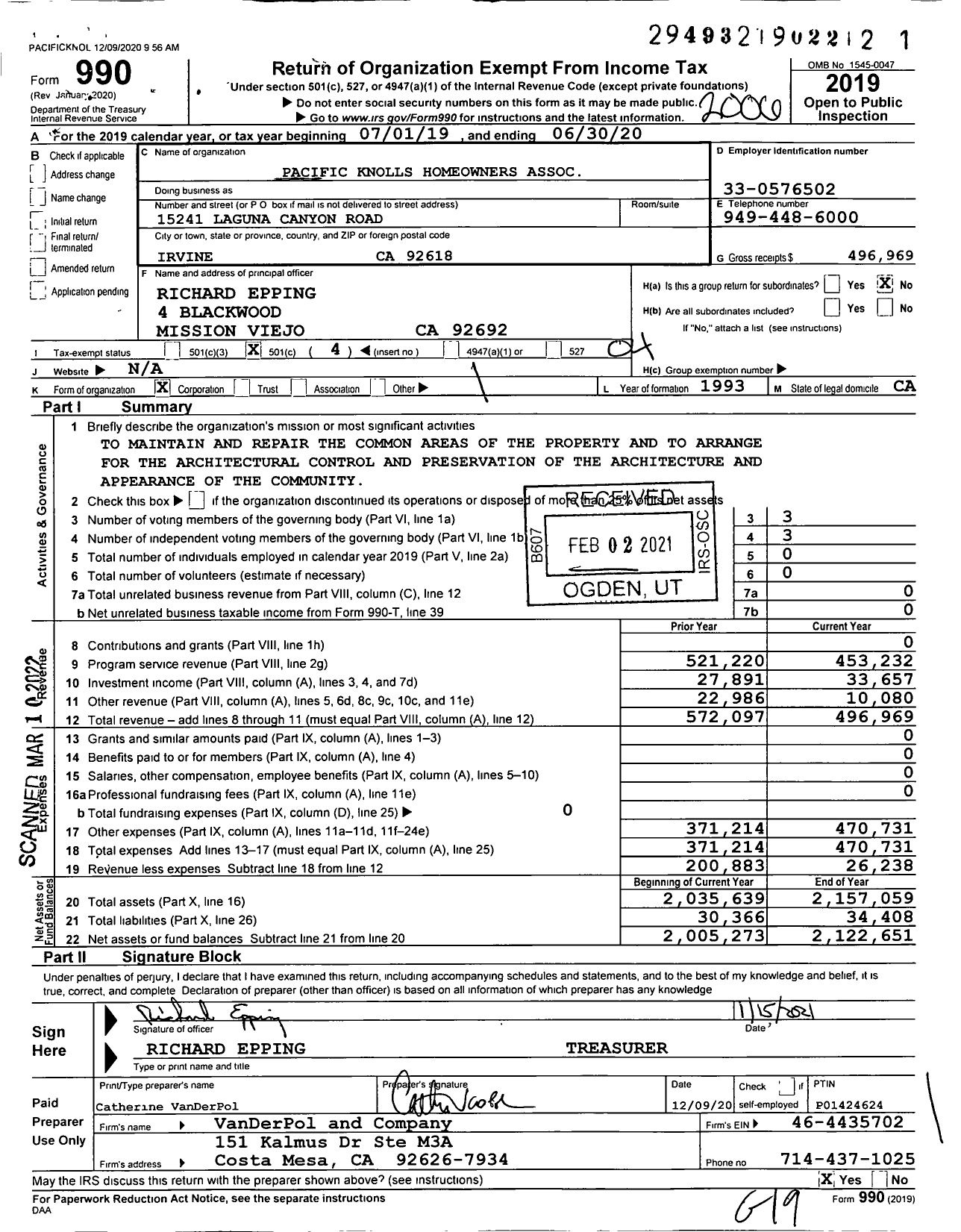 Image of first page of 2019 Form 990O for Pacific Knolls Homeowners Association