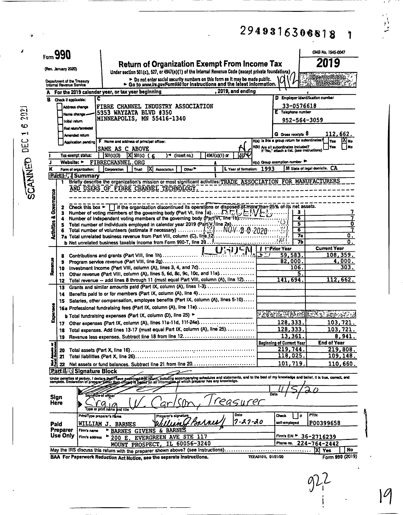 Image of first page of 2019 Form 990O for Fibre Channel Industry Association