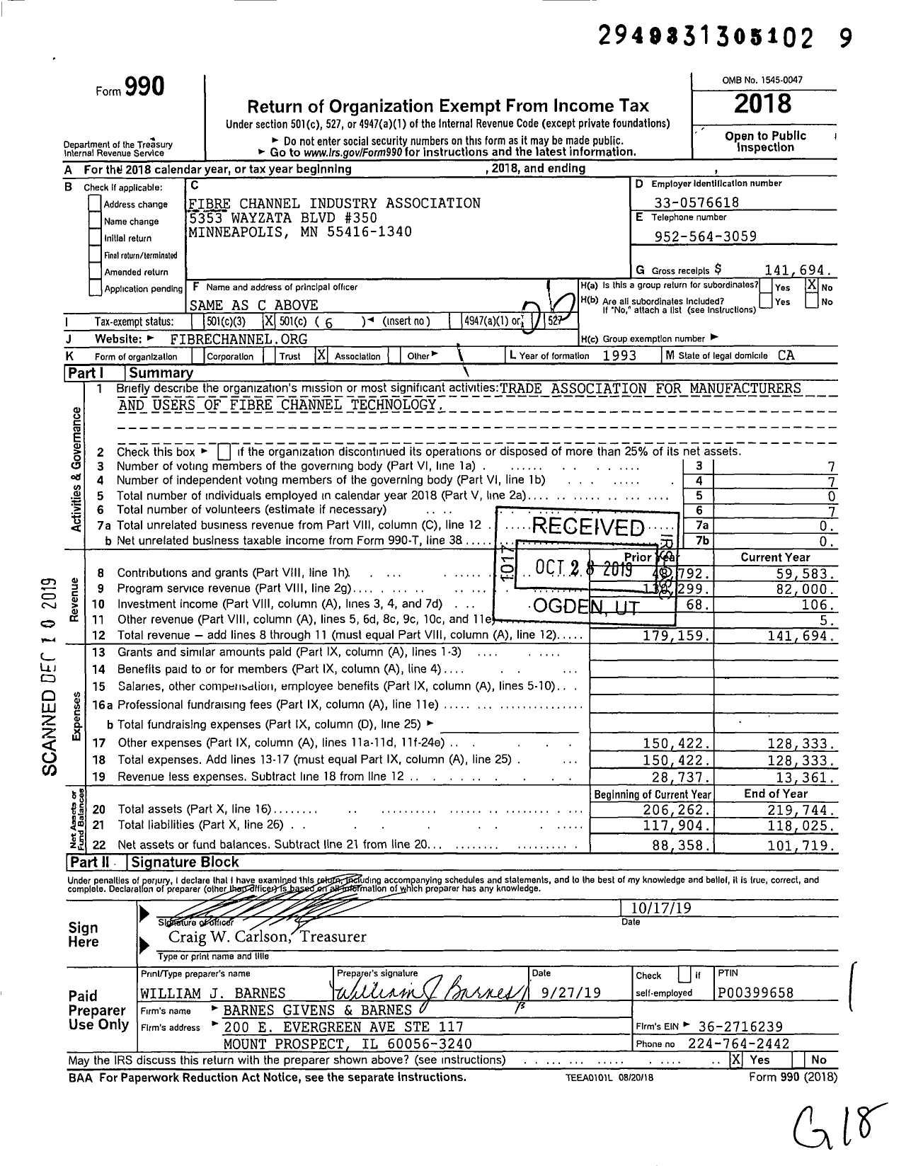 Image of first page of 2018 Form 990O for Fibre Channel Industry Association