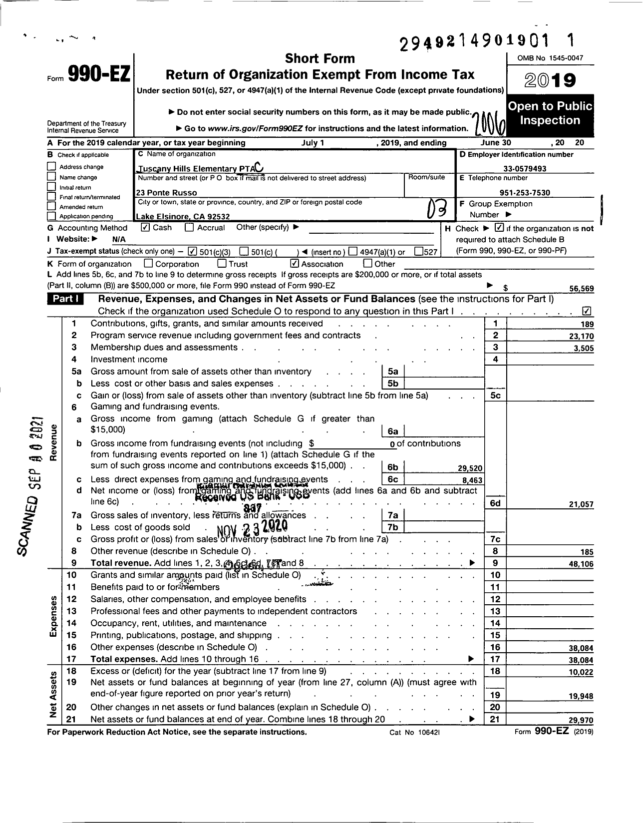 Image of first page of 2019 Form 990EZ for California State PTA - Tuscany Hills Elementary PTA