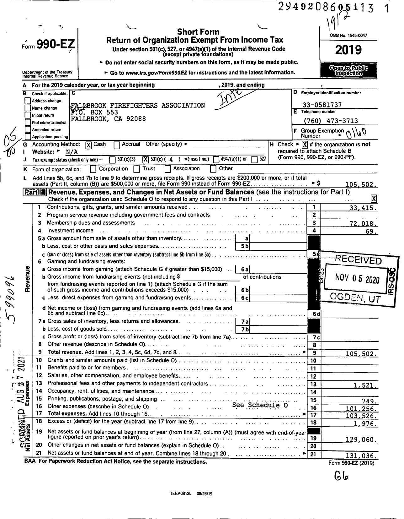 Image of first page of 2019 Form 990EO for International Association of Fire Fighters - L1622 Fallbrook Fire Fighters Assoc