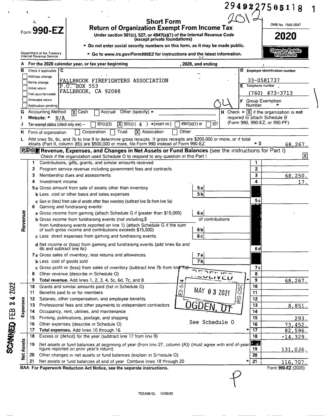 Image of first page of 2020 Form 990EO for International Association of Fire Fighters - L1622 Fallbrook Fire Fighters Assoc