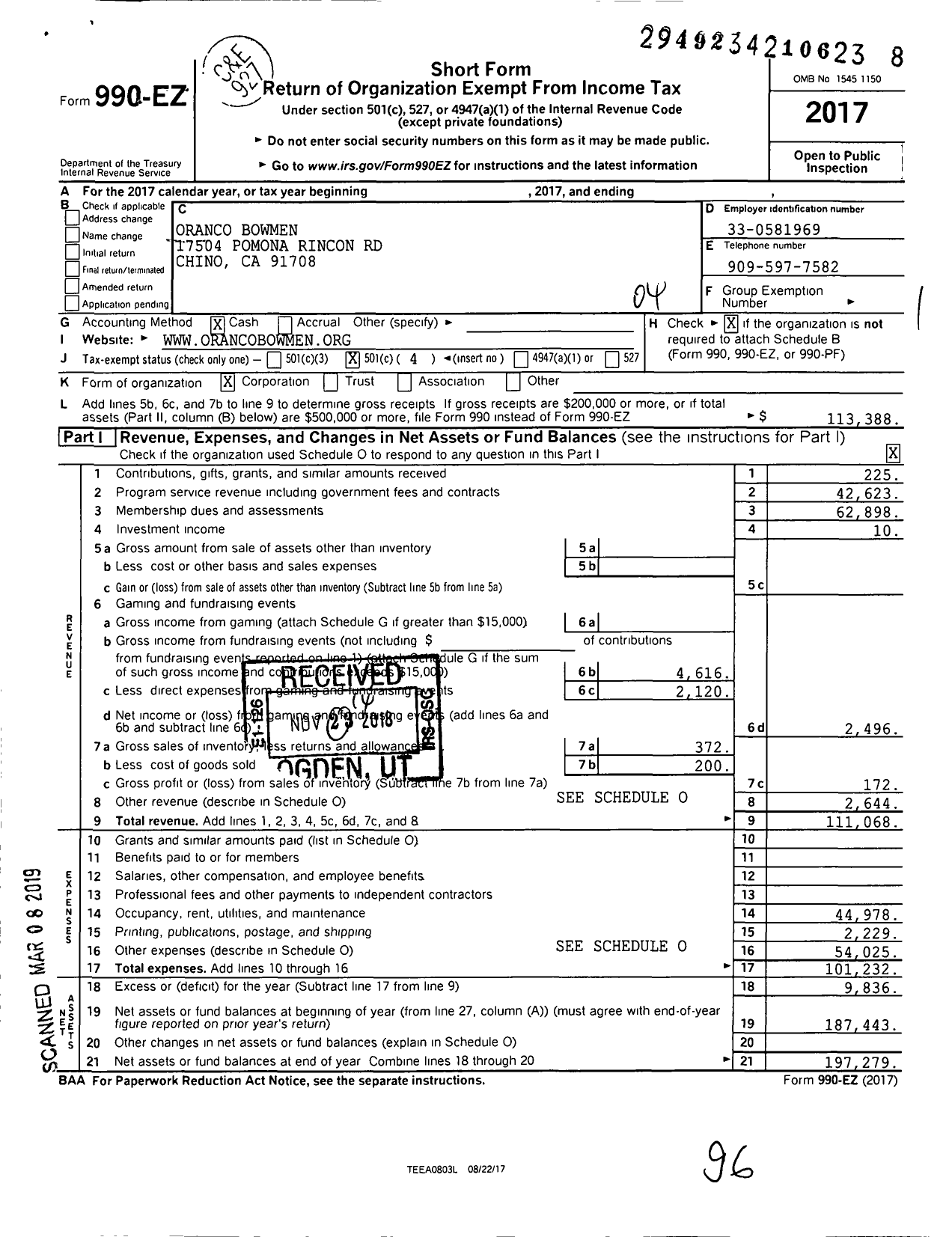 Image of first page of 2017 Form 990EO for Oranco Bowmen