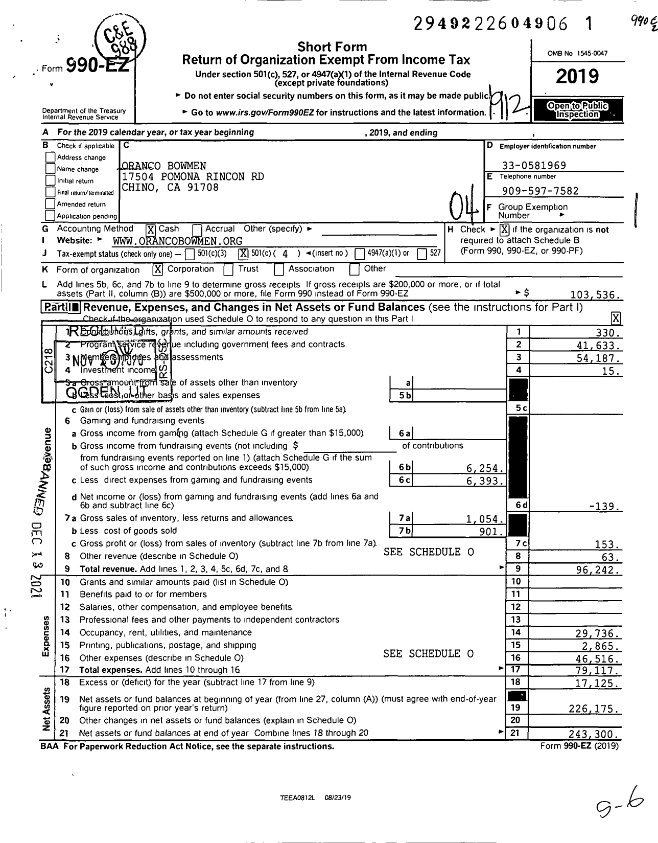 Image of first page of 2019 Form 990EO for Oranco Bowmen