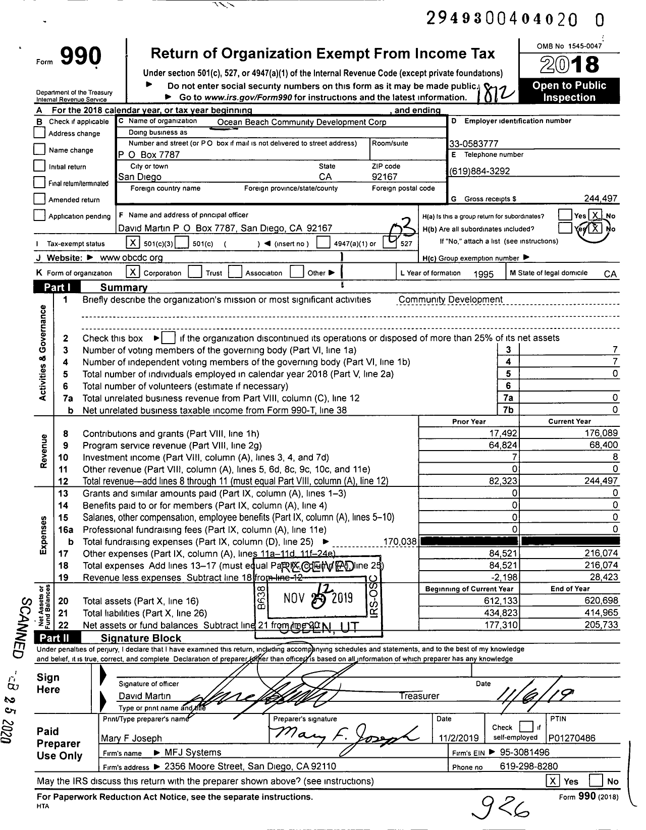 Image of first page of 2018 Form 990 for Ocean Beach Community Development Corporation