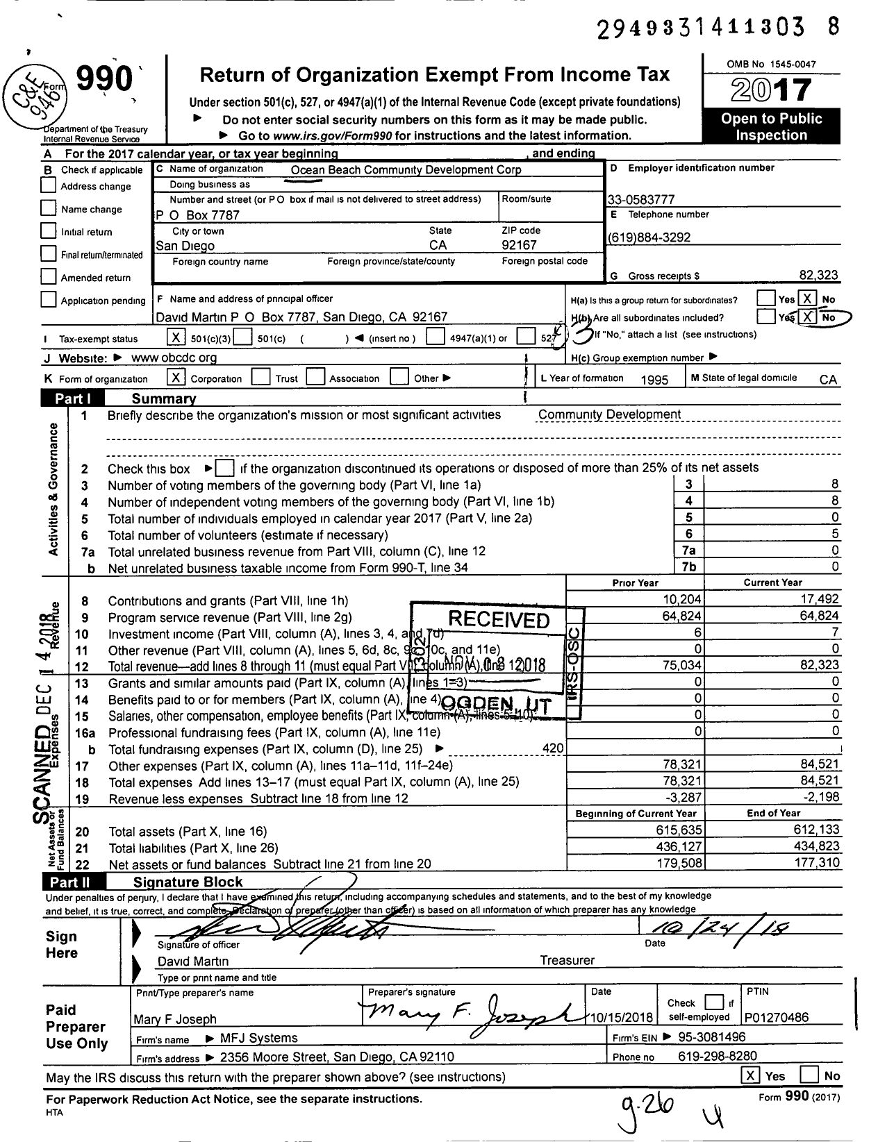 Image of first page of 2017 Form 990 for Ocean Beach Community Development Corporation