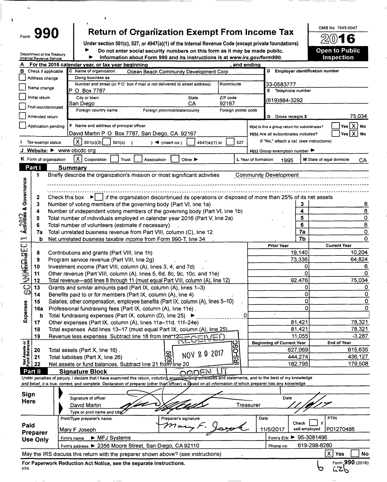 Image of first page of 2016 Form 990 for Ocean Beach Community Development Corporation