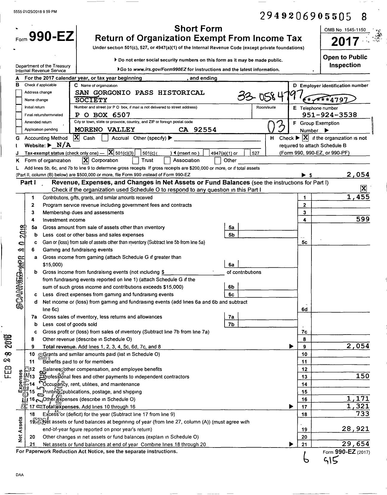 Image of first page of 2017 Form 990EZ for San Gorgonio Pass Historical Society