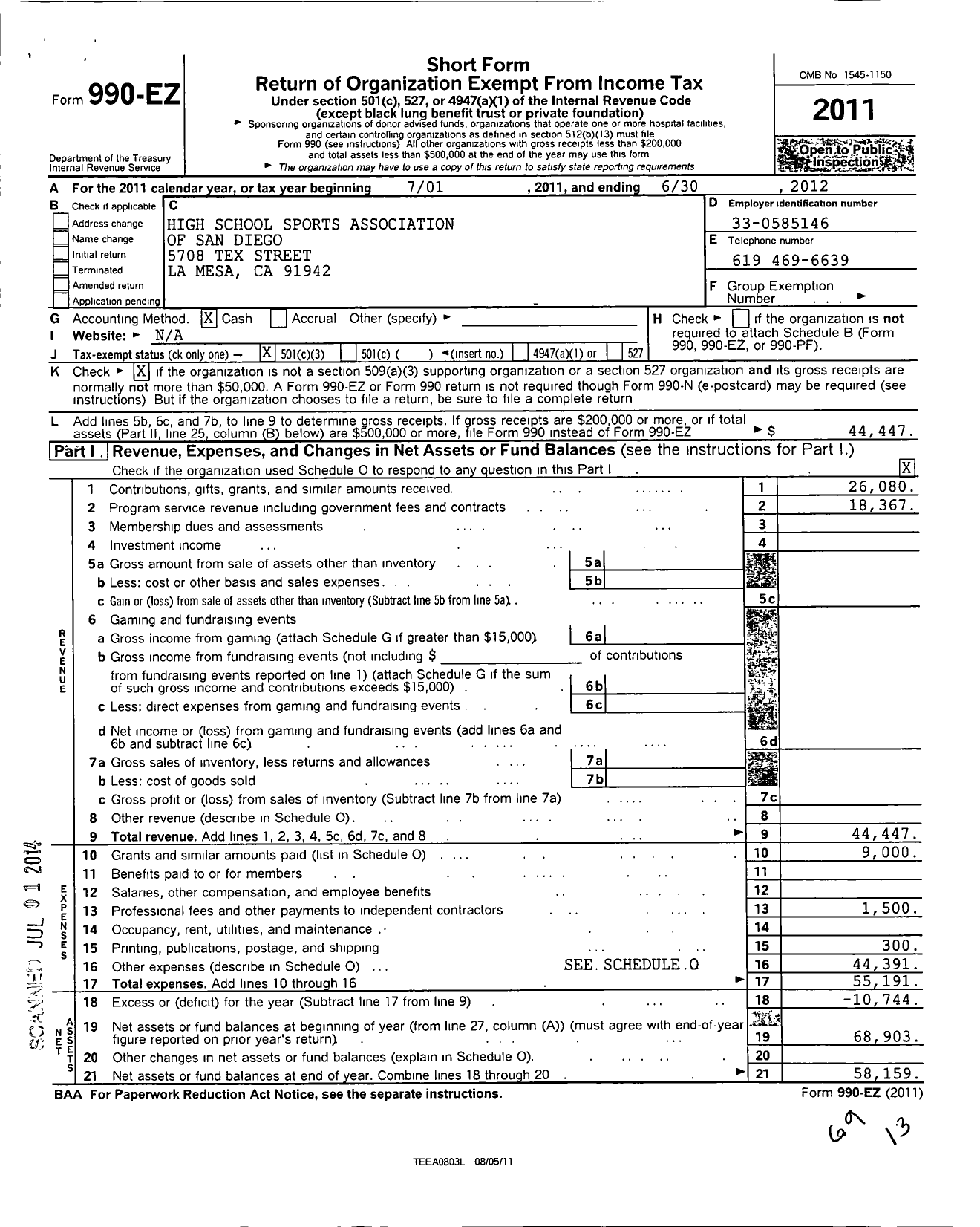 Image of first page of 2011 Form 990EZ for High School Sports Association of San Diego