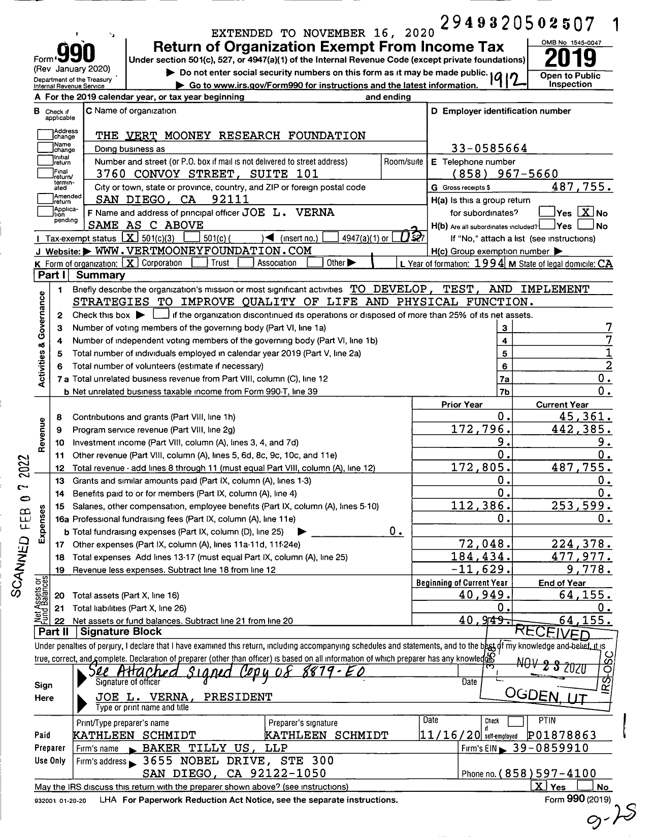 Image of first page of 2019 Form 990 for The Vert Mooney Research Foundation