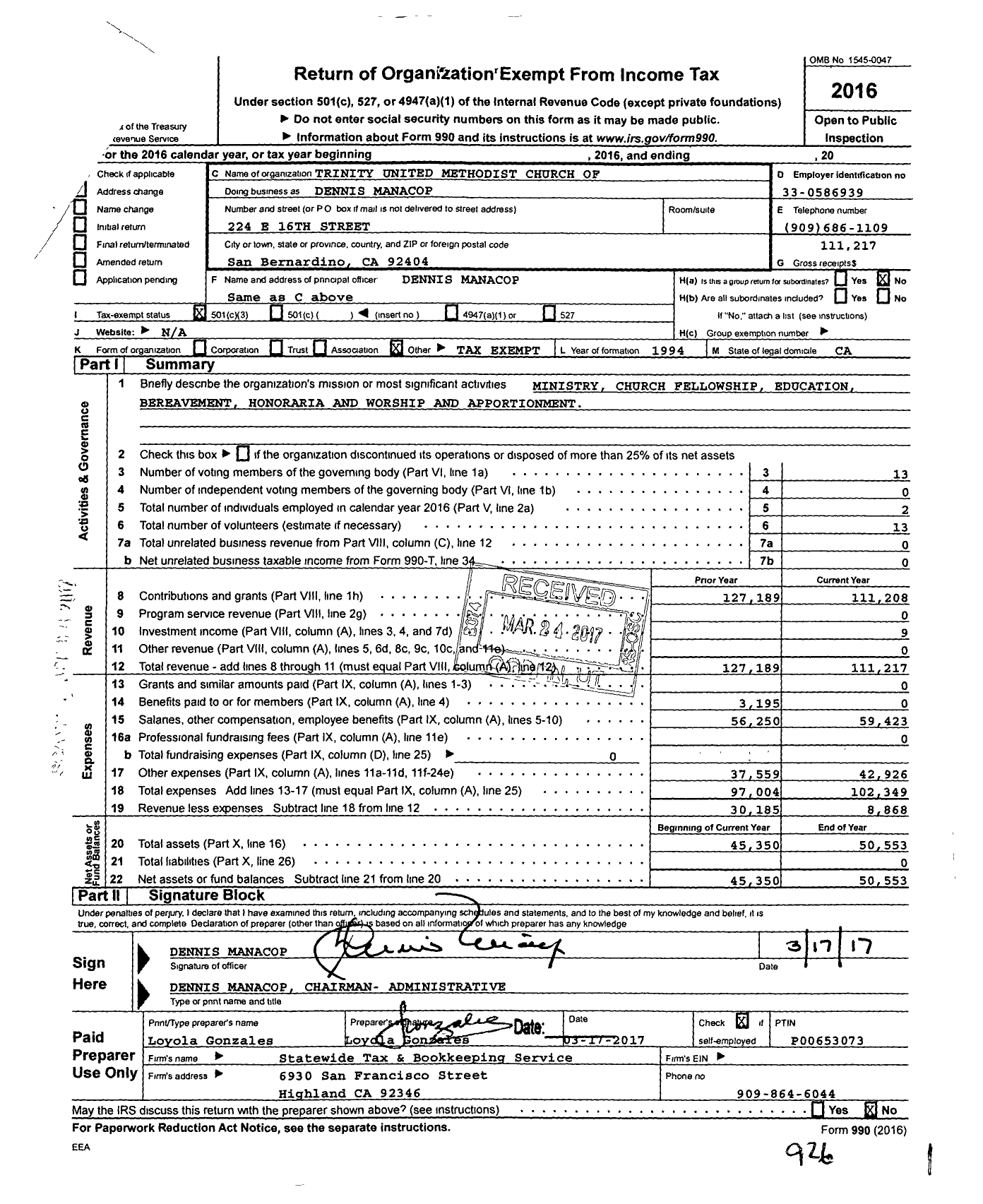 Image of first page of 2016 Form 990 for Trinity United Methodist Church of