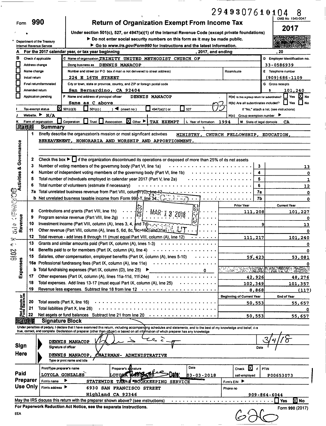 Image of first page of 2017 Form 990 for Trinity United Methodist Church of