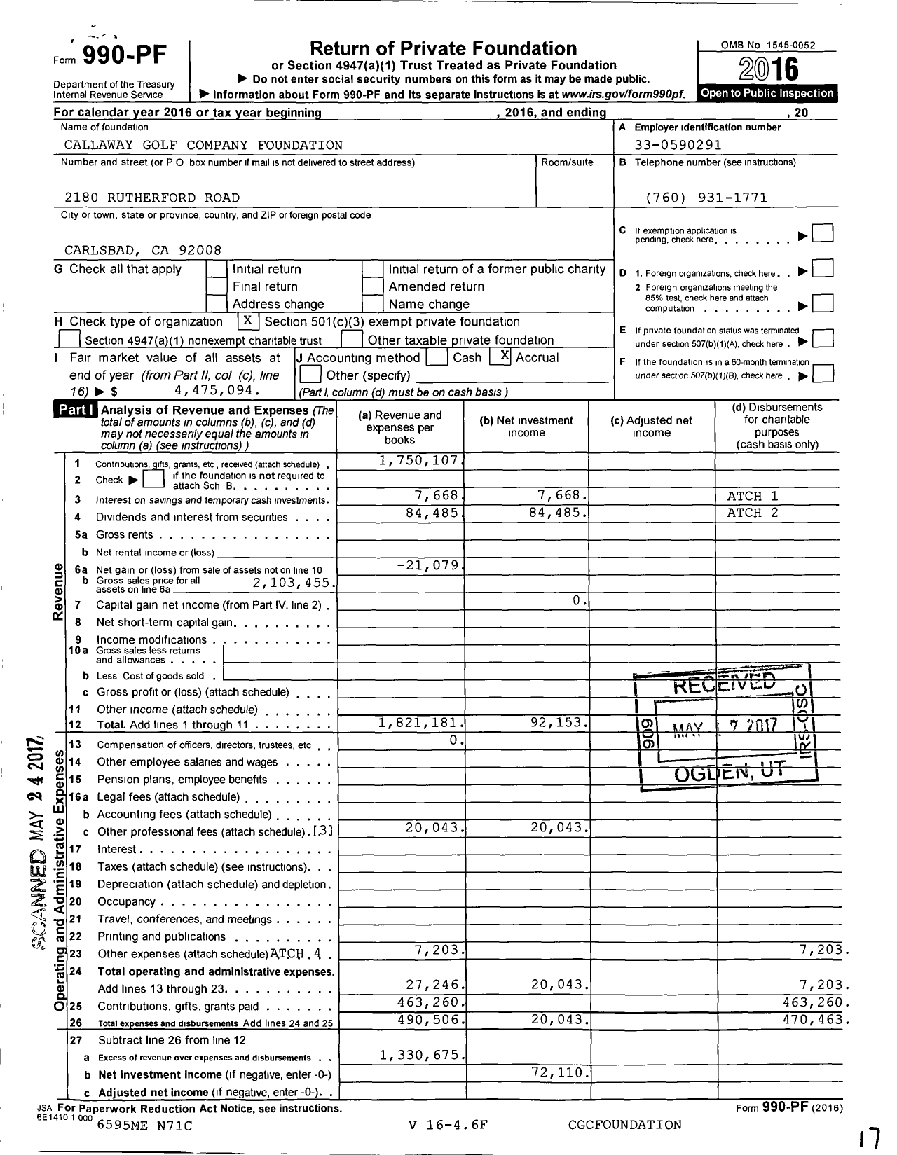 Image of first page of 2016 Form 990PF for Callaway Golf Company Foundation