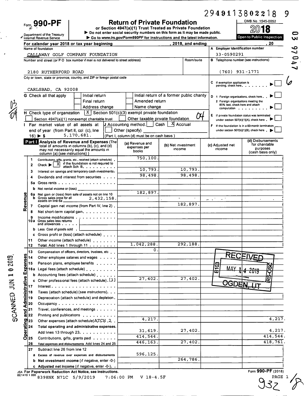 Image of first page of 2018 Form 990PF for Callaway Golf Company Foundation