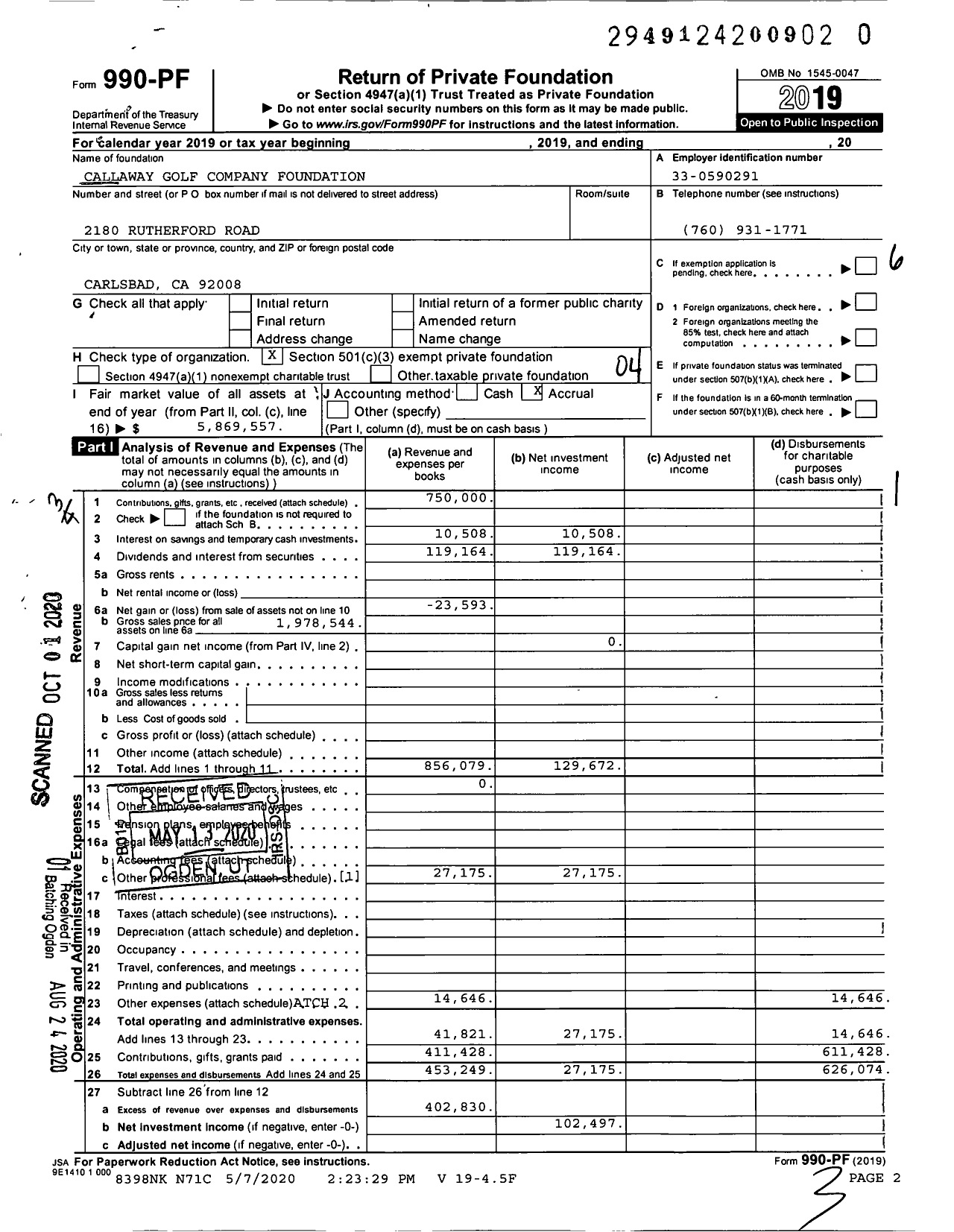 Image of first page of 2019 Form 990PR for Callaway Golf Company Foundation