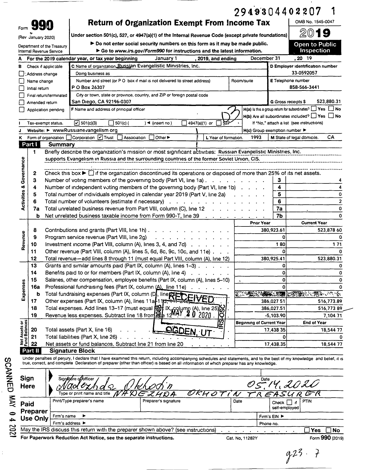 Image of first page of 2019 Form 990 for Russian Evangelistic Ministries