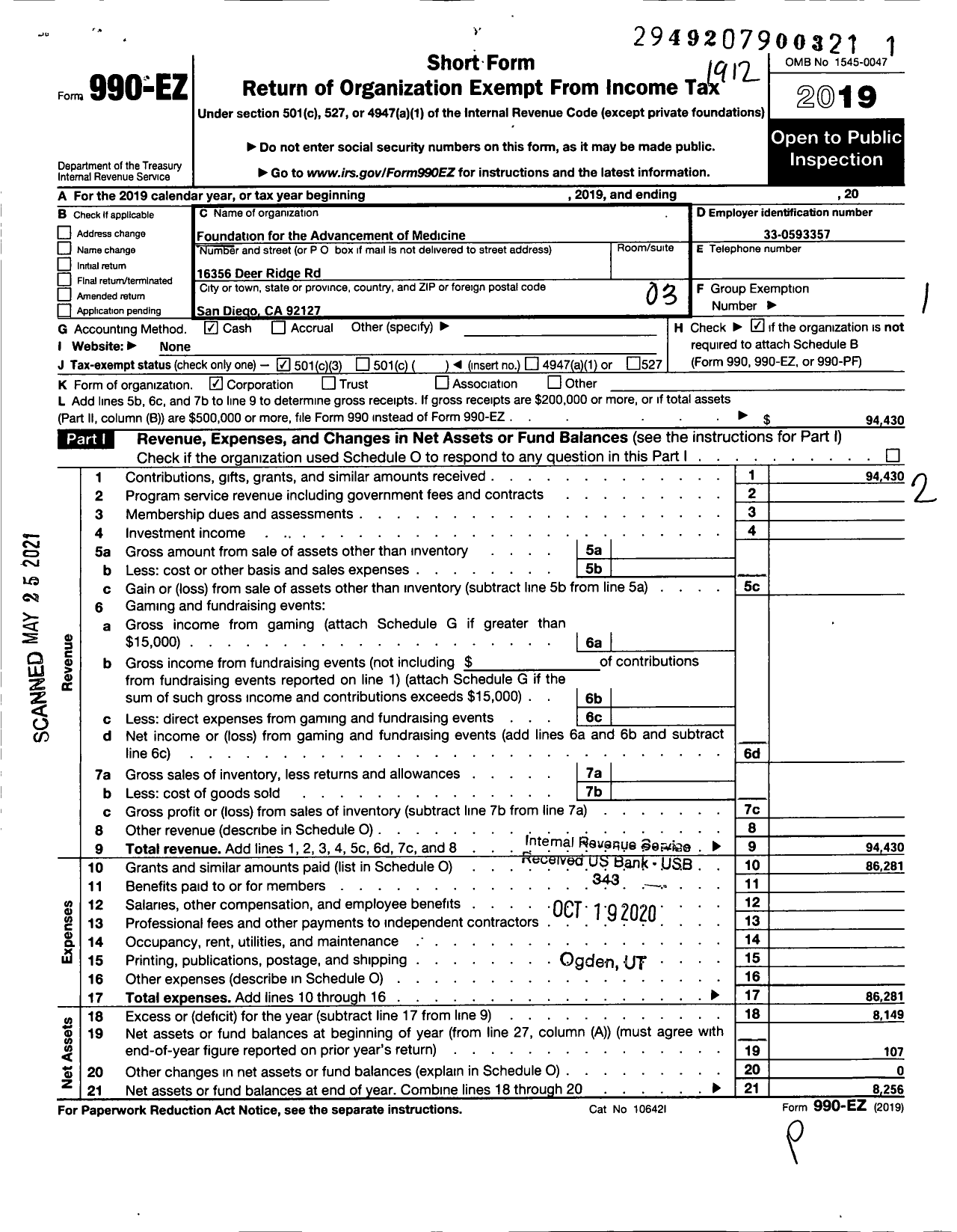 Image of first page of 2019 Form 990EZ for Foundation for the Advancement of Medicine