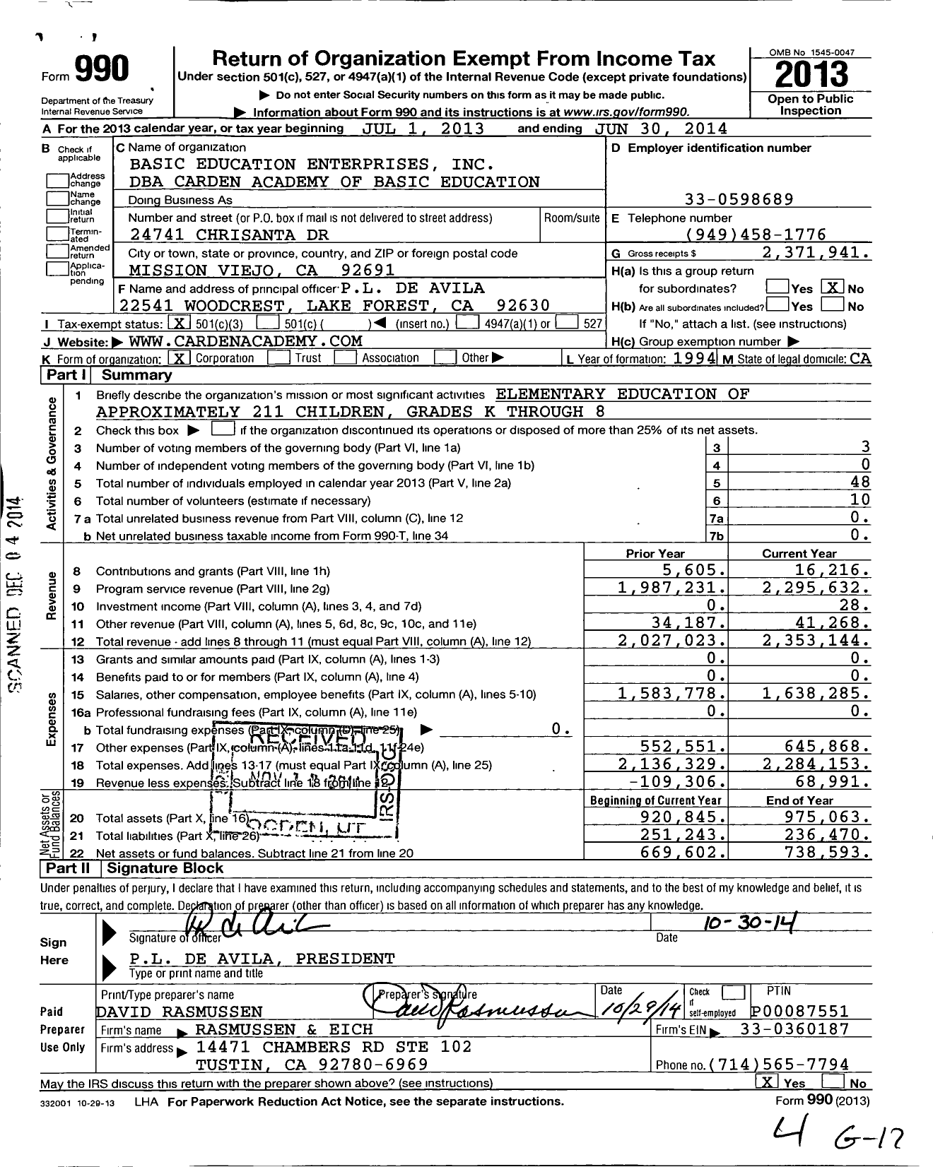 Image of first page of 2013 Form 990 for Basic Education Enterprises