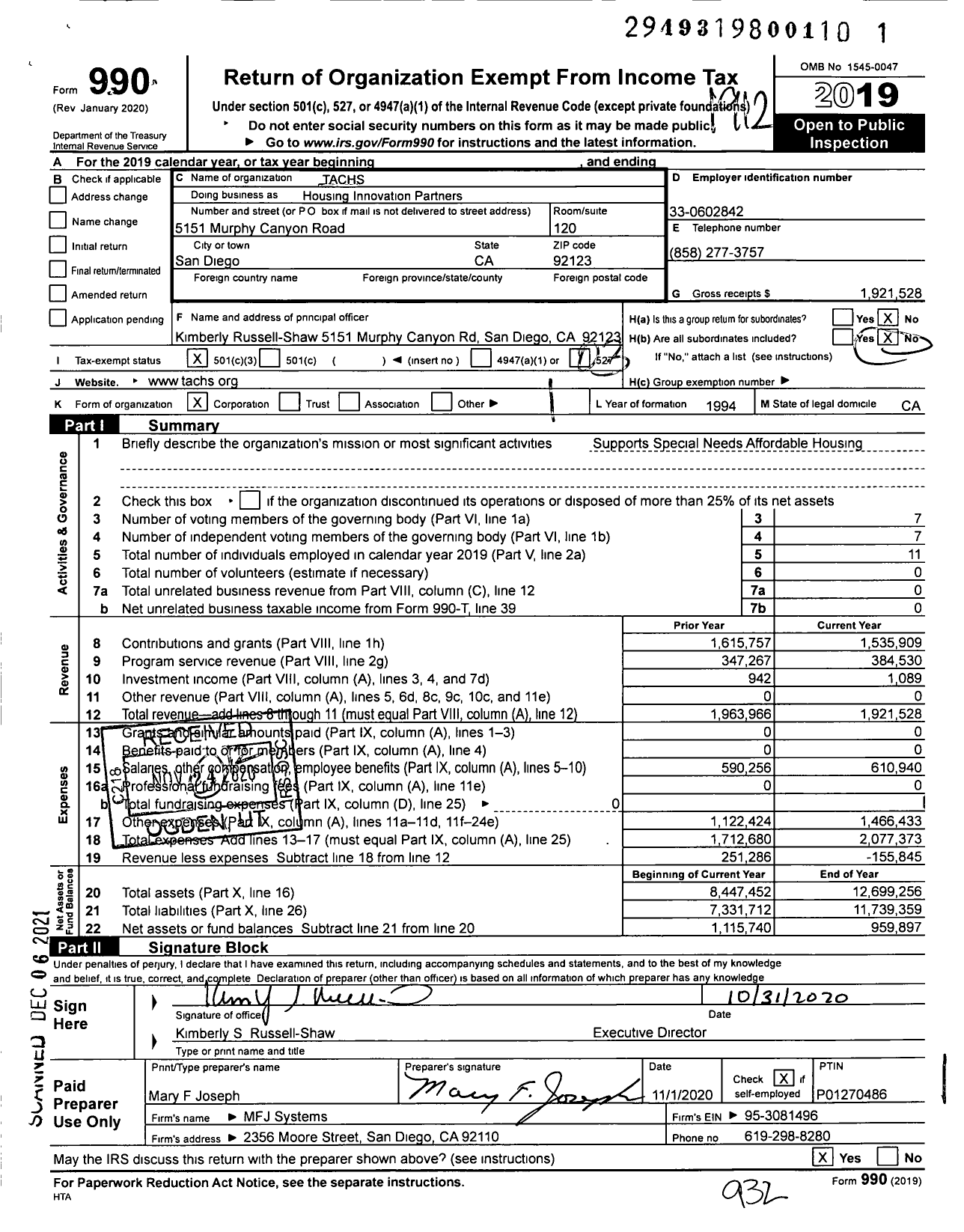 Image of first page of 2019 Form 990 for Housing Innovation Partners