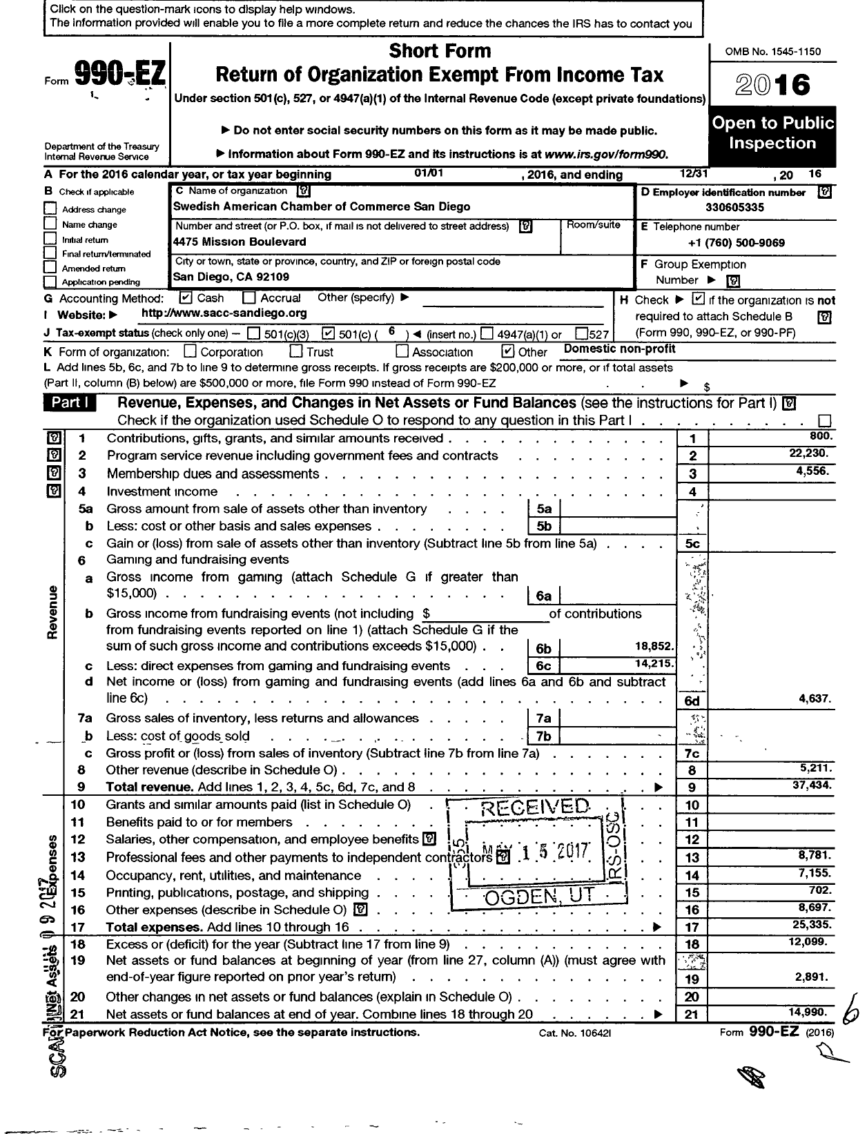 Image of first page of 2016 Form 990EO for Swedish-American Chamber of Commerce San Diego-Tijuana Chapter