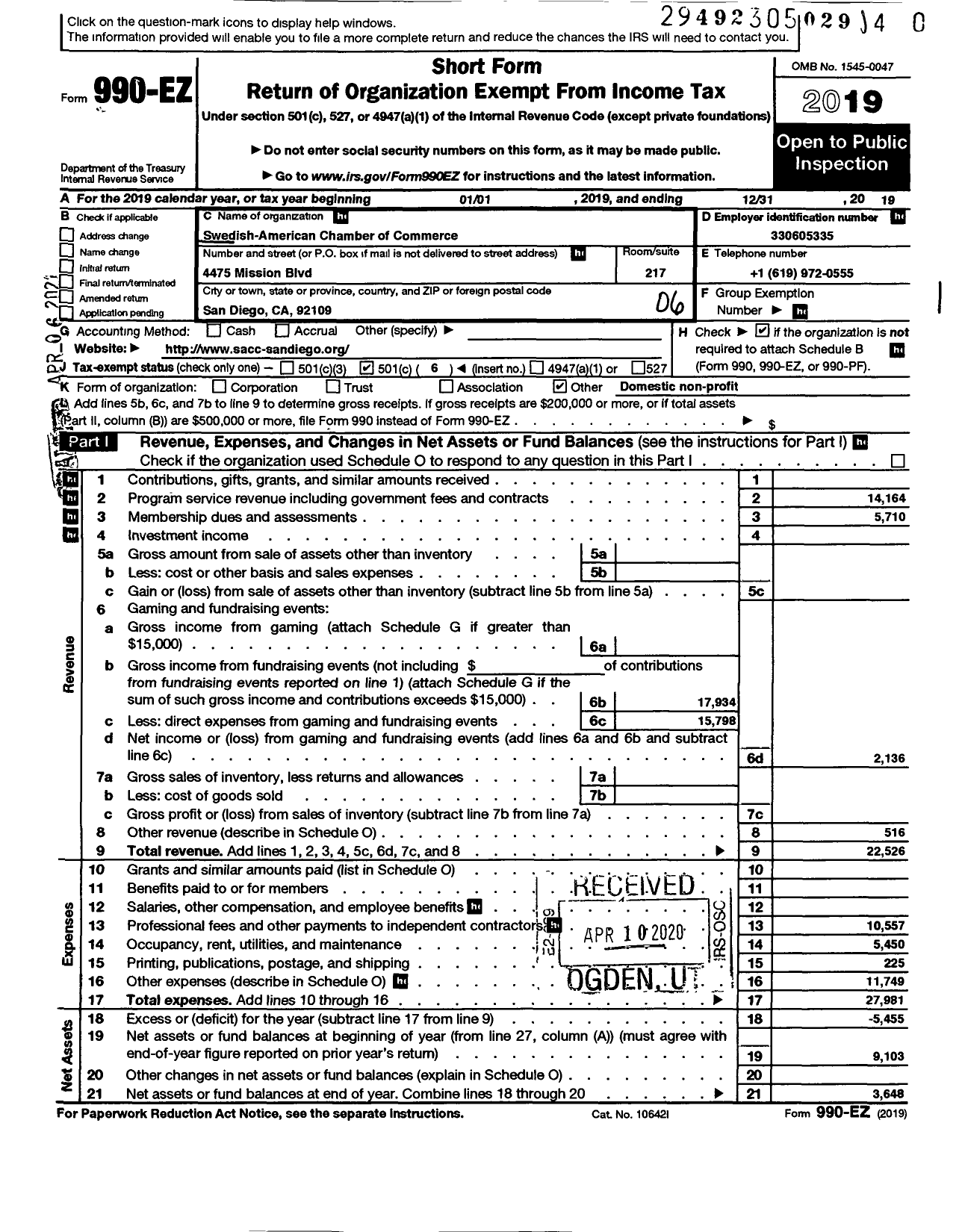 Image of first page of 2019 Form 990EO for Swedish-American Chamber of Commerce San Diego-Tijuana Chapter