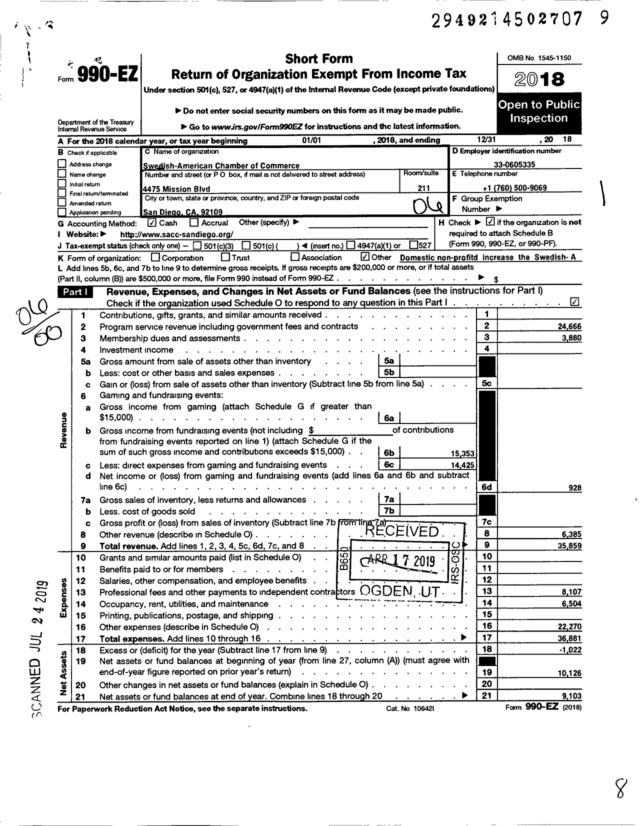 Image of first page of 2018 Form 990EO for Swedish-American Chamber of Commerce San Diego-Tijuana Chapter