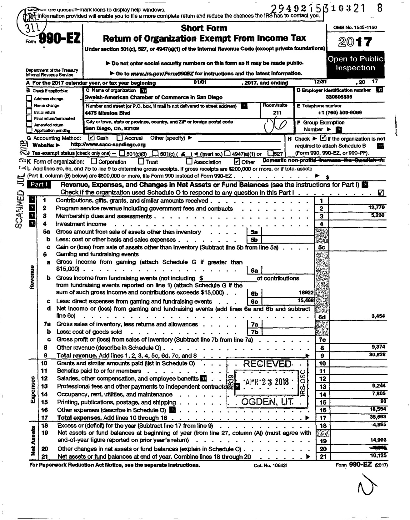 Image of first page of 2017 Form 990EO for Swedish-American Chamber of Commerce San Diego-Tijuana Chapter