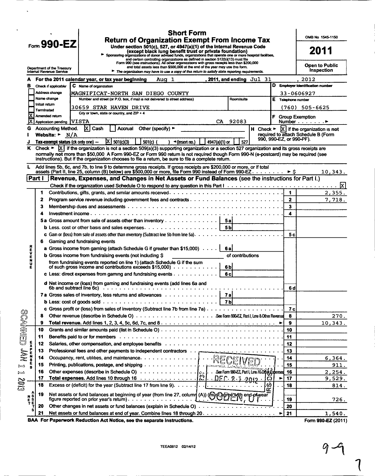 Image of first page of 2011 Form 990EZ for Magnificat North County Chapter