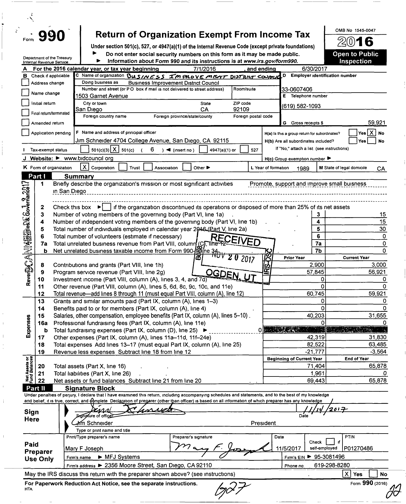 Image of first page of 2016 Form 990O for Business Improvement District Council