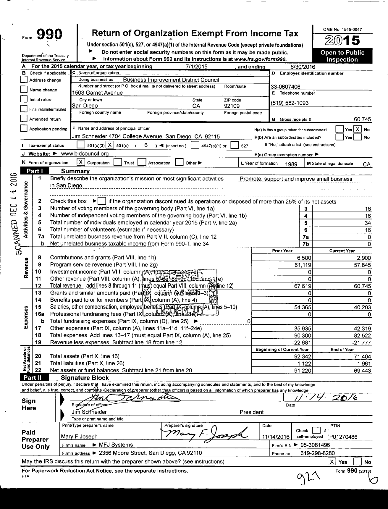 Image of first page of 2015 Form 990O for Business Improvement District Council