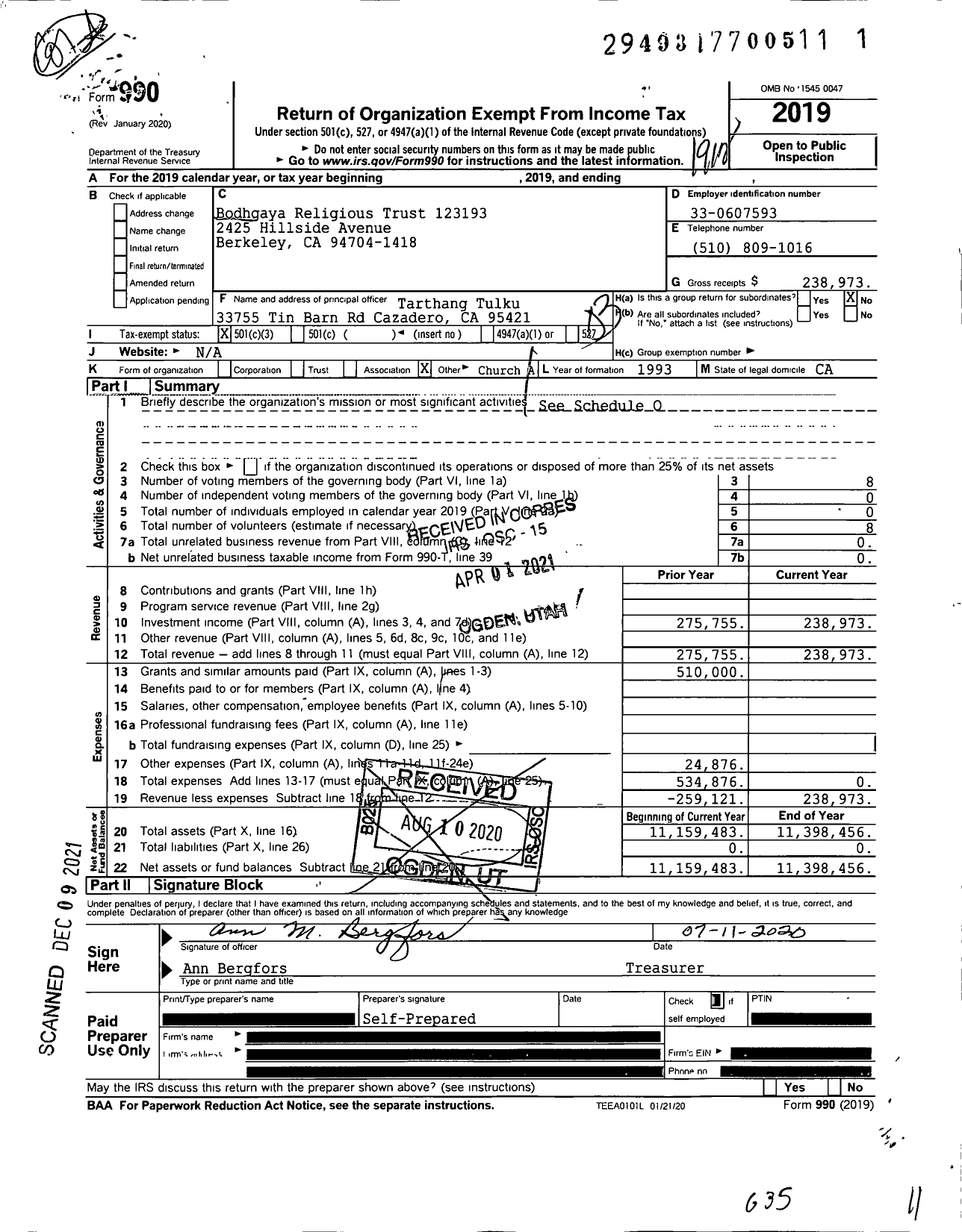 Image of first page of 2019 Form 990 for Bodhgaya Religious Trust 123193