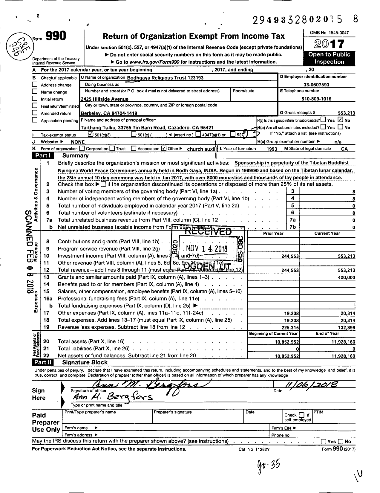 Image of first page of 2017 Form 990 for Bodhgaya Religious Trust 123193