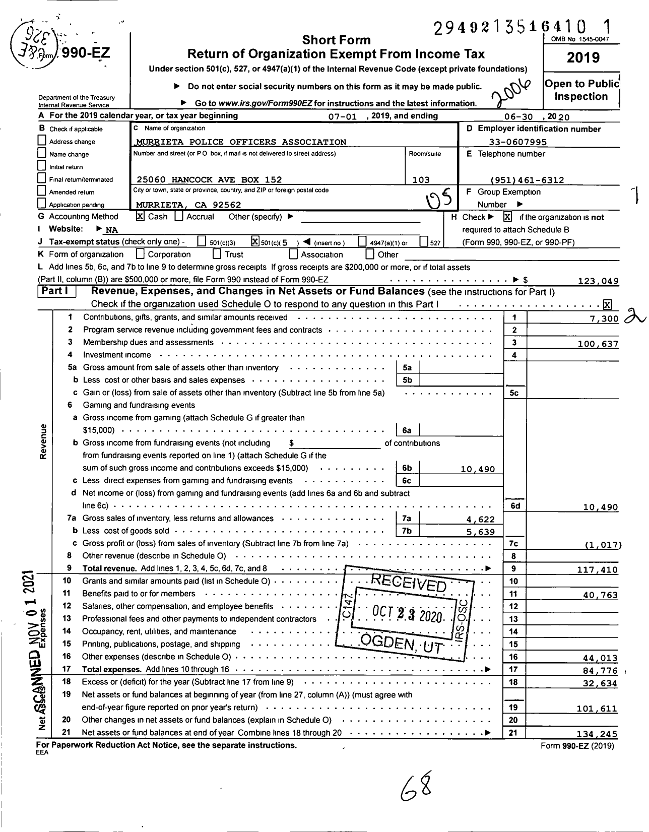 Image of first page of 2019 Form 990EO for Murrieta Police Officers Association