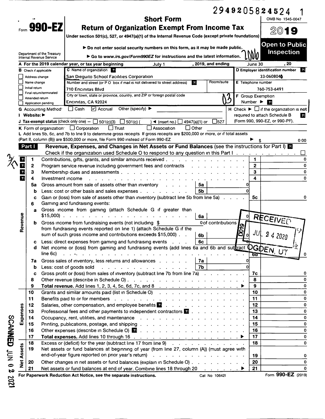 Image of first page of 2019 Form 990EZ for San Dieguito School Facilities Corporation