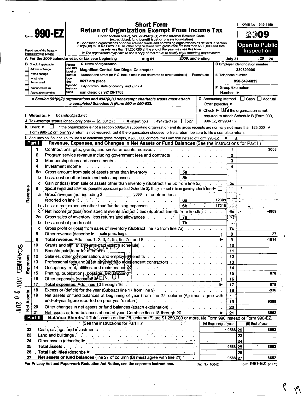 Image of first page of 2009 Form 990EO for Central San Diego Magnificat