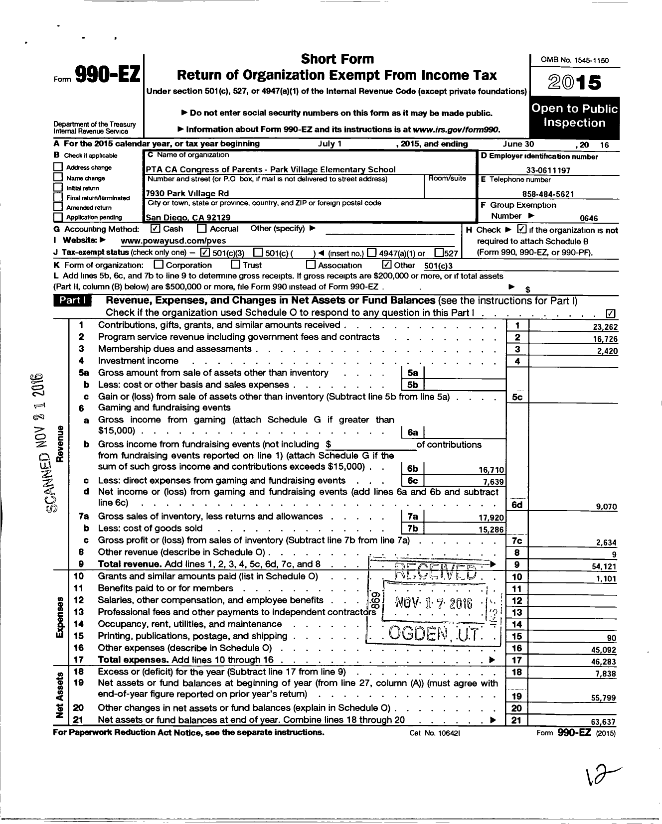 Image of first page of 2015 Form 990EZ for California State PTA - Park Village Elementary PTA