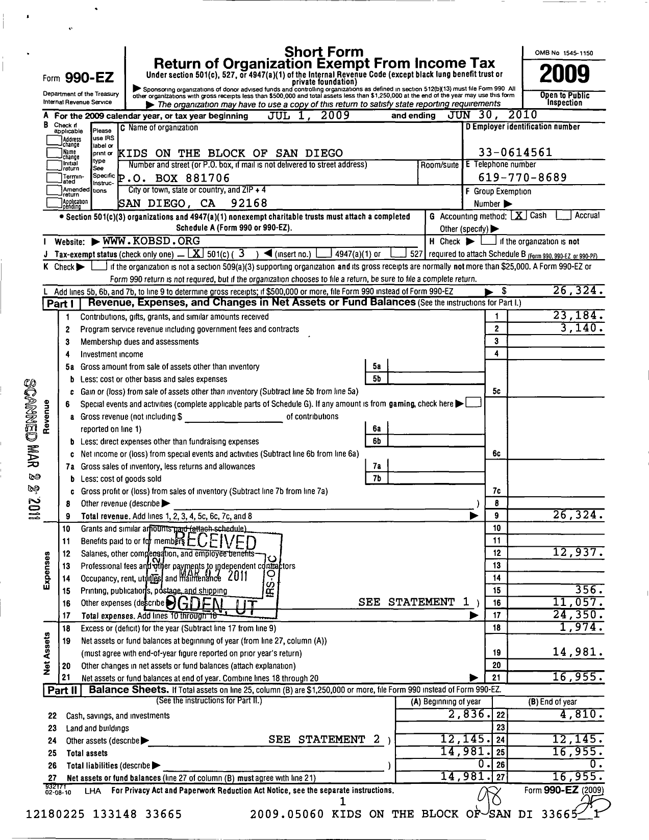 Image of first page of 2009 Form 990EZ for Kids on the Block of San Diego